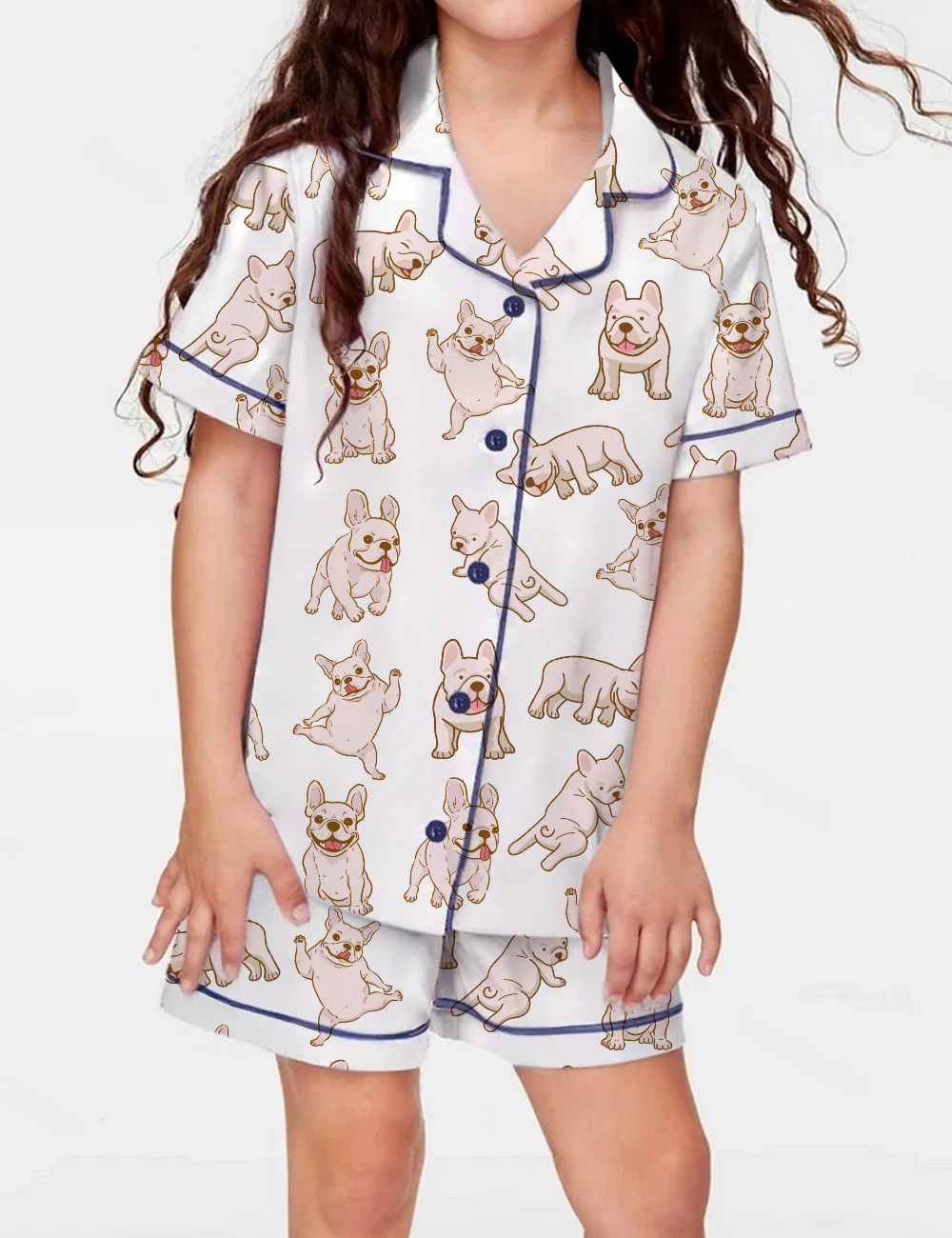 Cute French Bulldog Kid's Short Sleeve  Silky Satin Pajama Set 