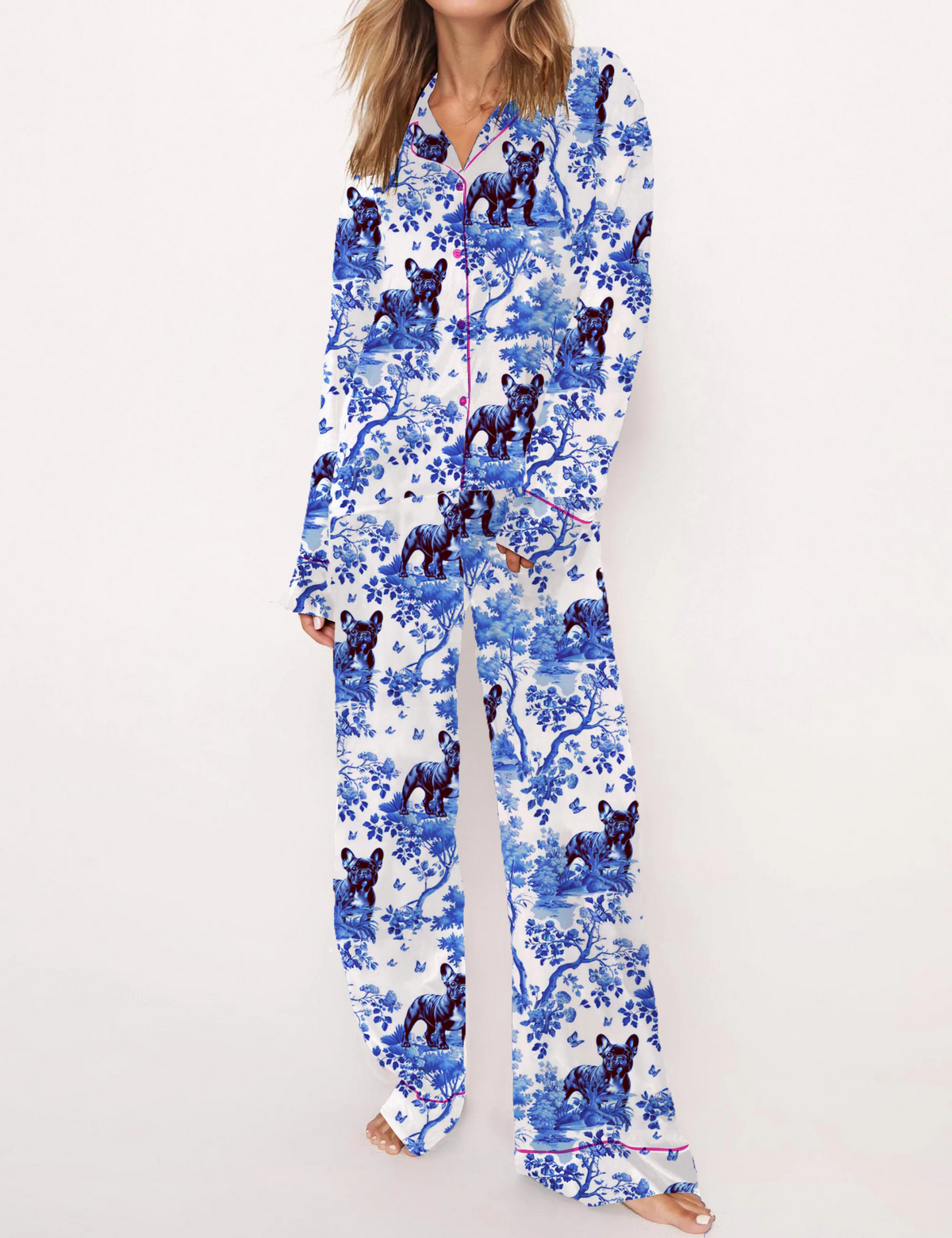 French Bulldog Toile Silky Satin Pajama Short Set For Women