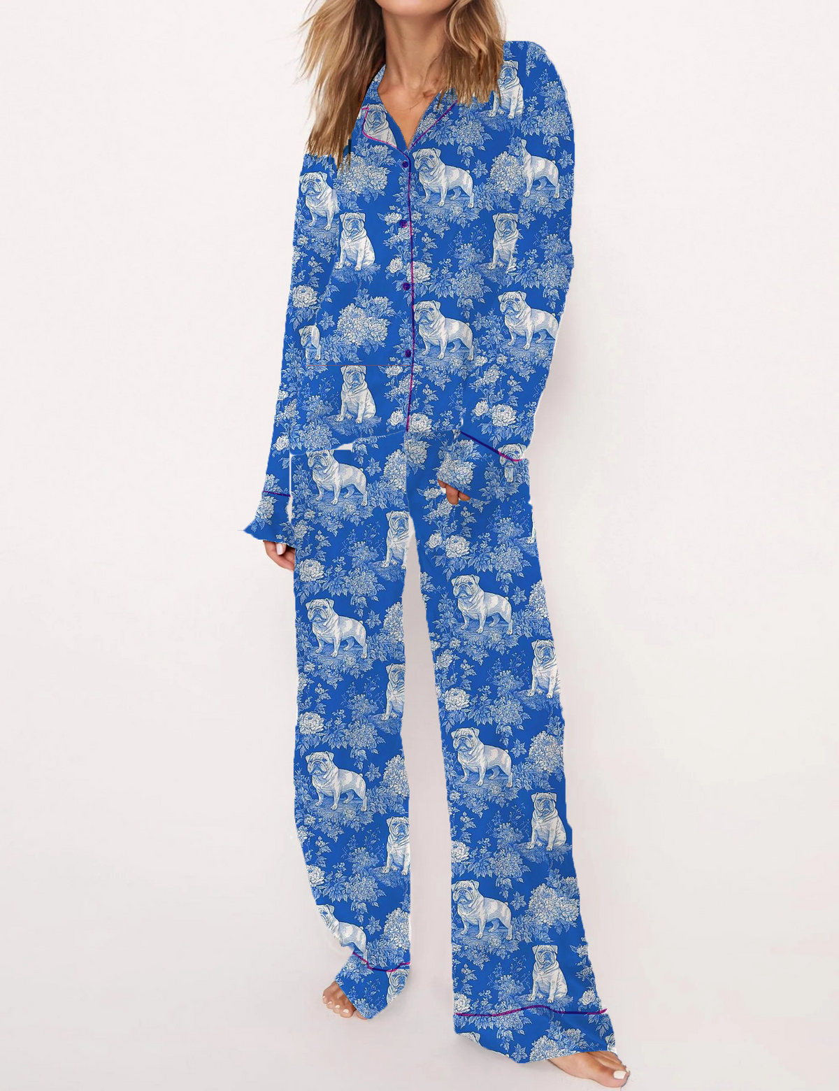 French Bulldog Toile Silky Satin Pajama Short Set For Women