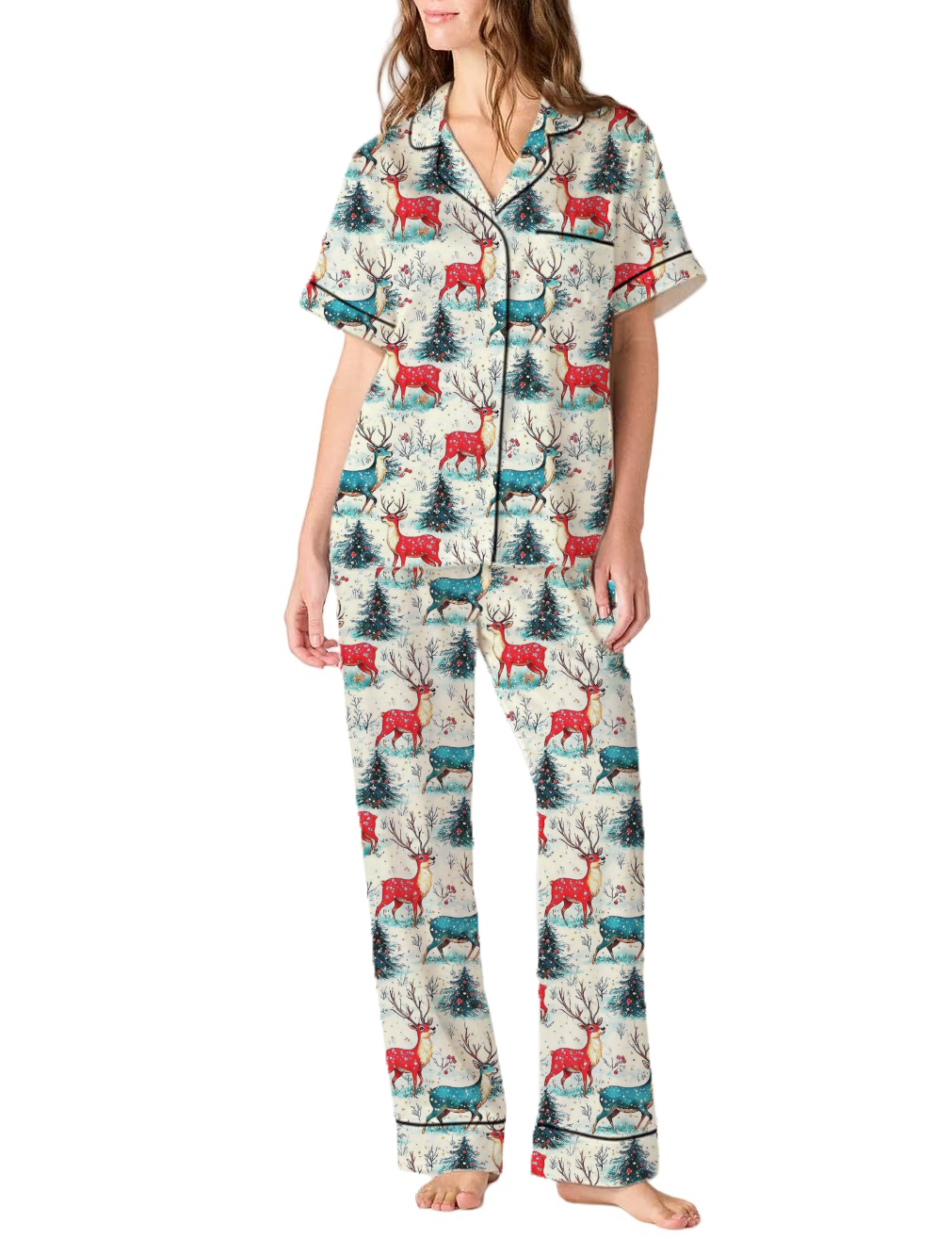 Retro Christmas Silky Satin Pajama Pants Set For Women