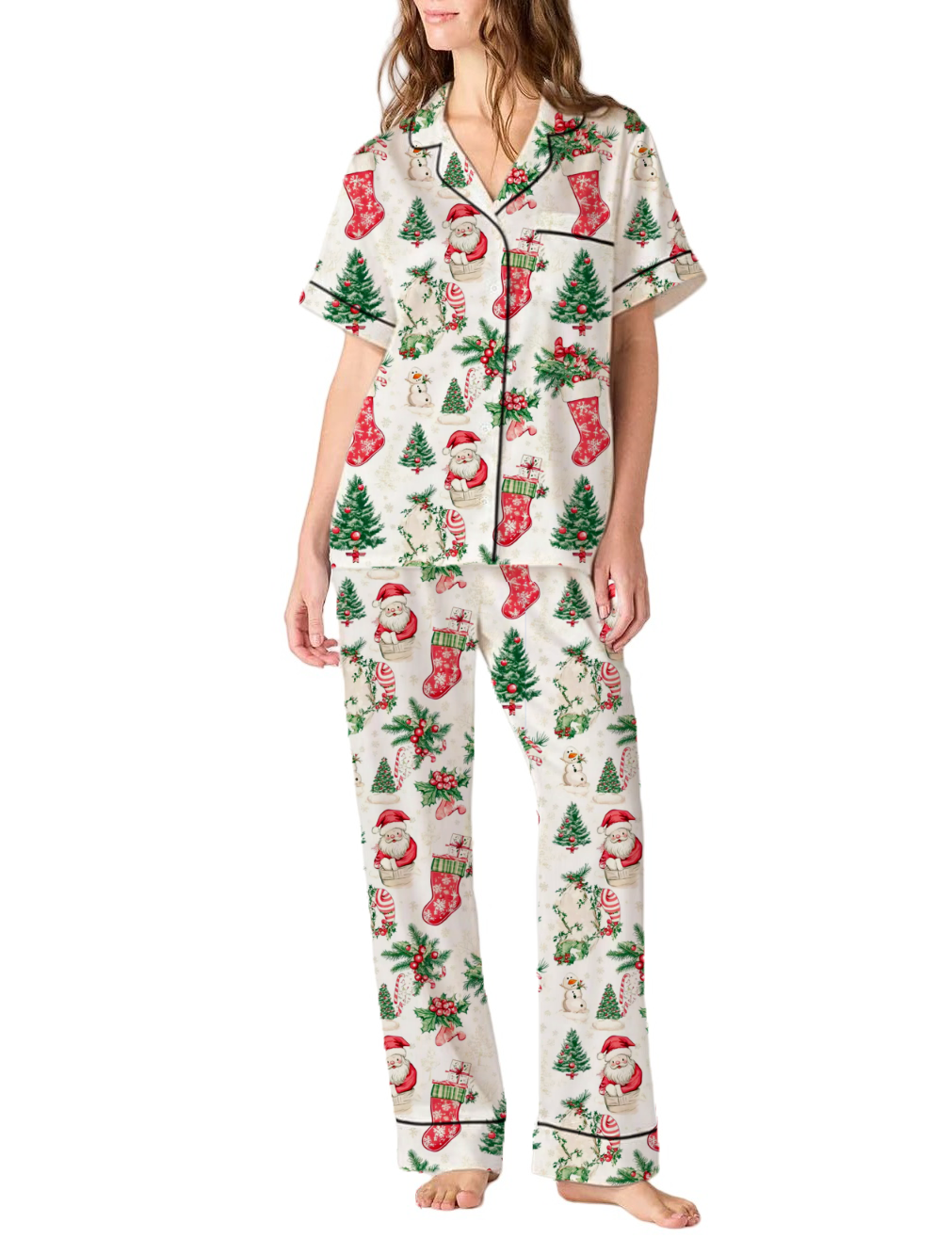 Classic Red Christmas Toile Silky Satin Pajama Pants Set For Women