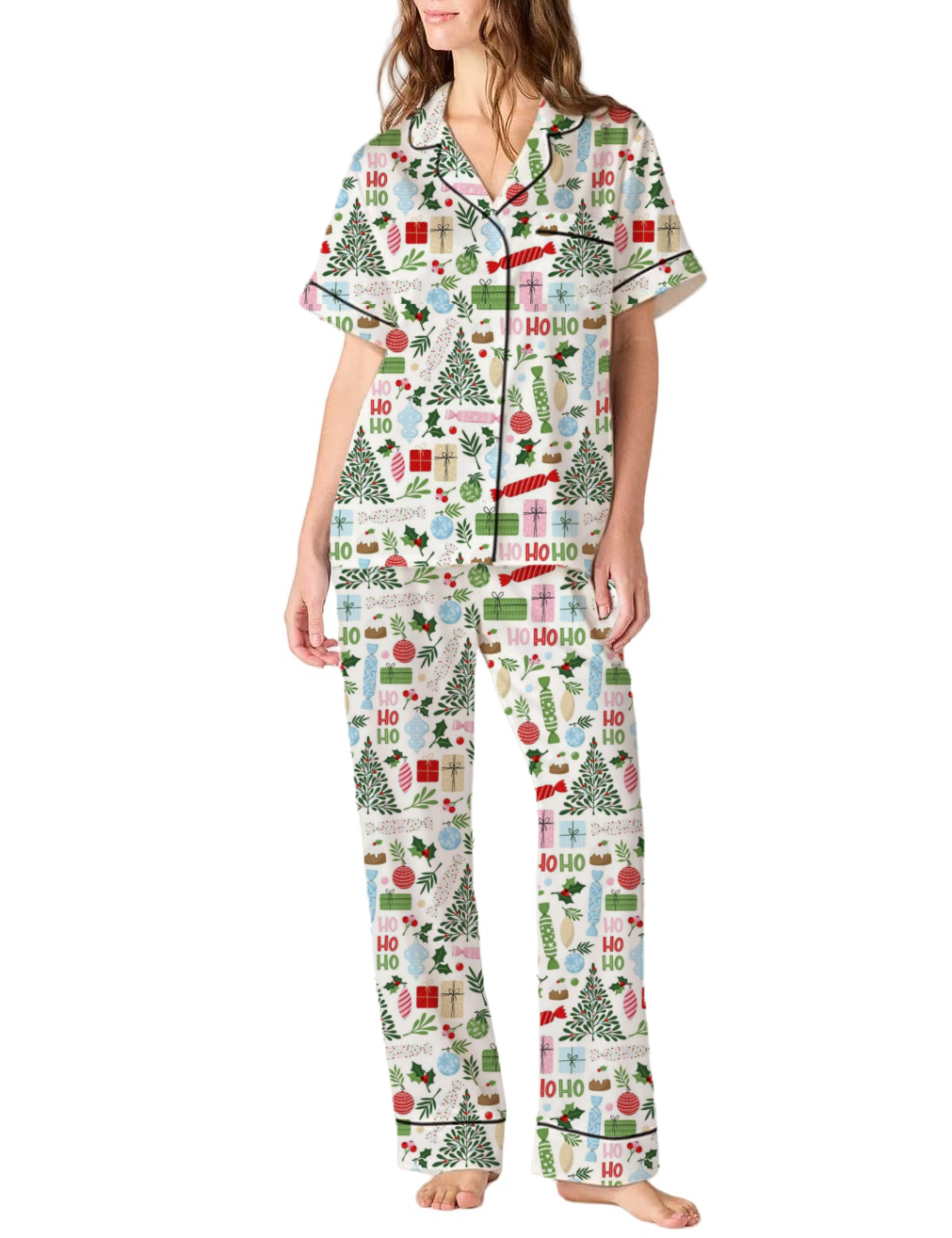 Bright Christmas Silky Satin Pajama Pants Set For Women