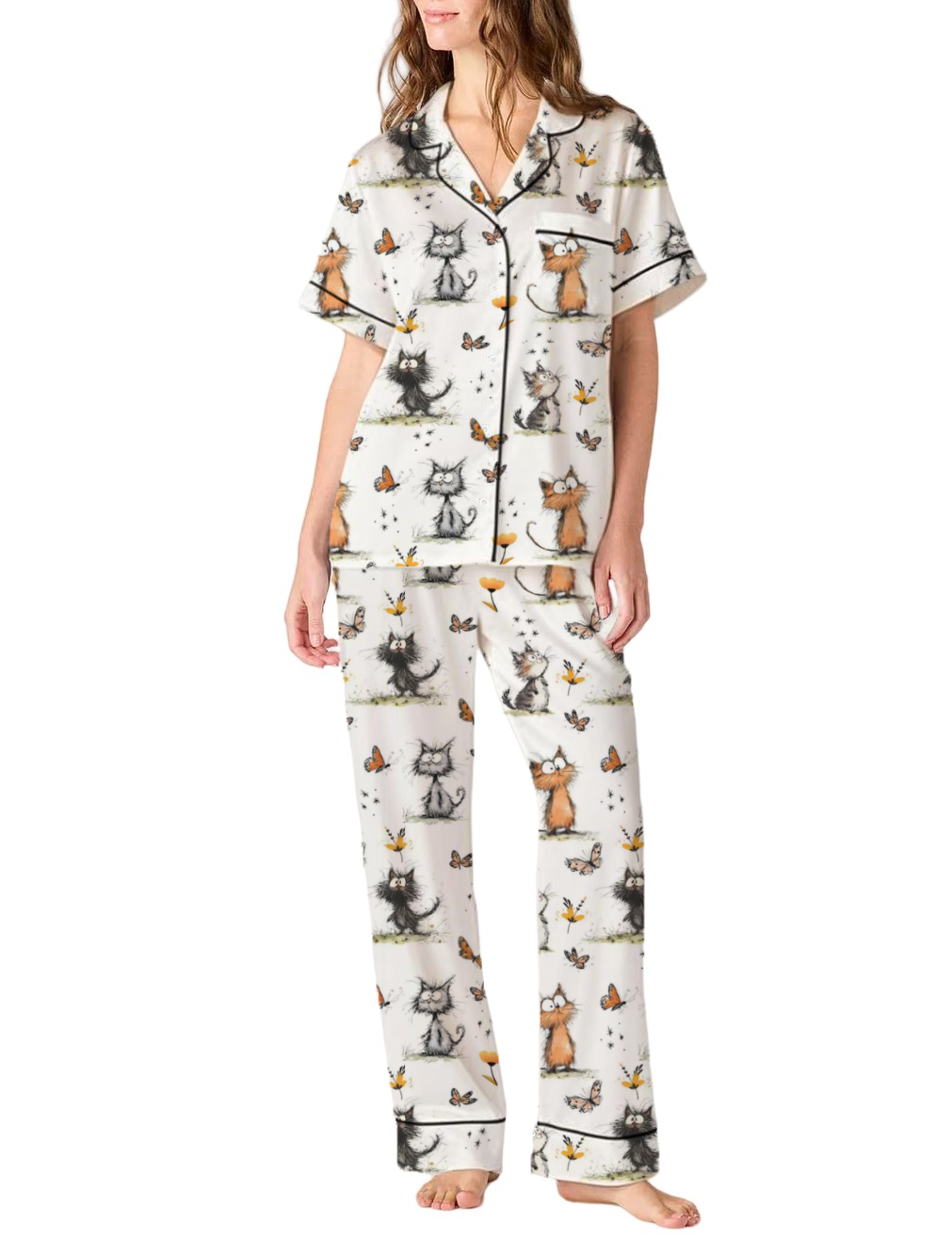 Quirky Cats Silky Satin Pajama Pants Set For Women