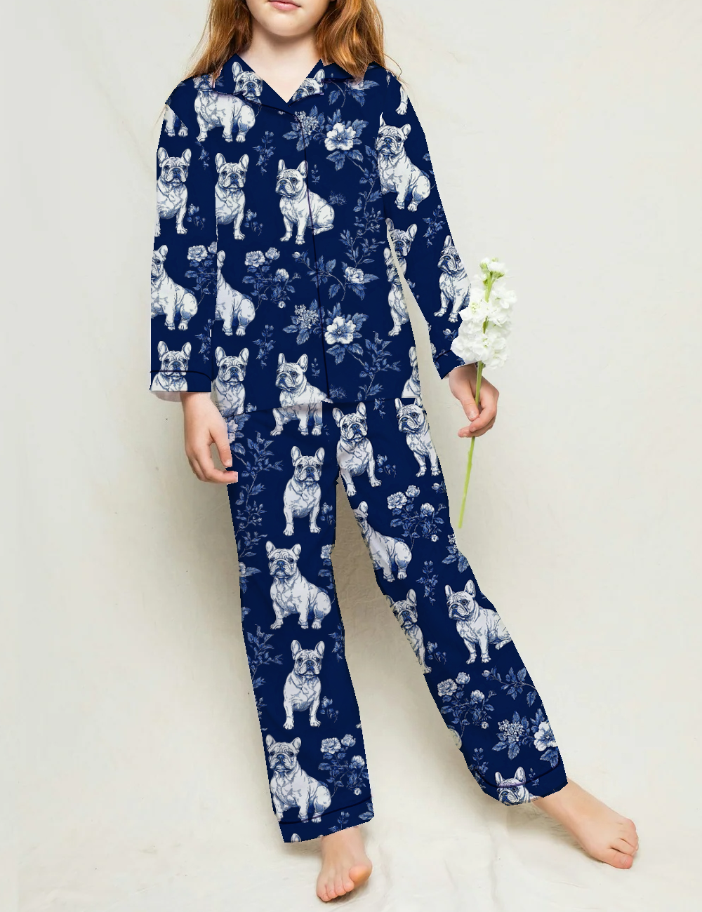 French Bulldogs Toile Kid's Short Sleeve  Silky Satin Pajama Set 