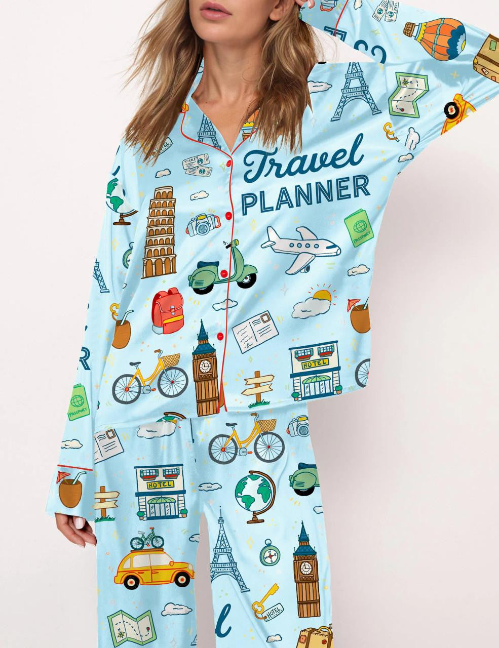 Travel Planner Satin Pajama Set For Women	
