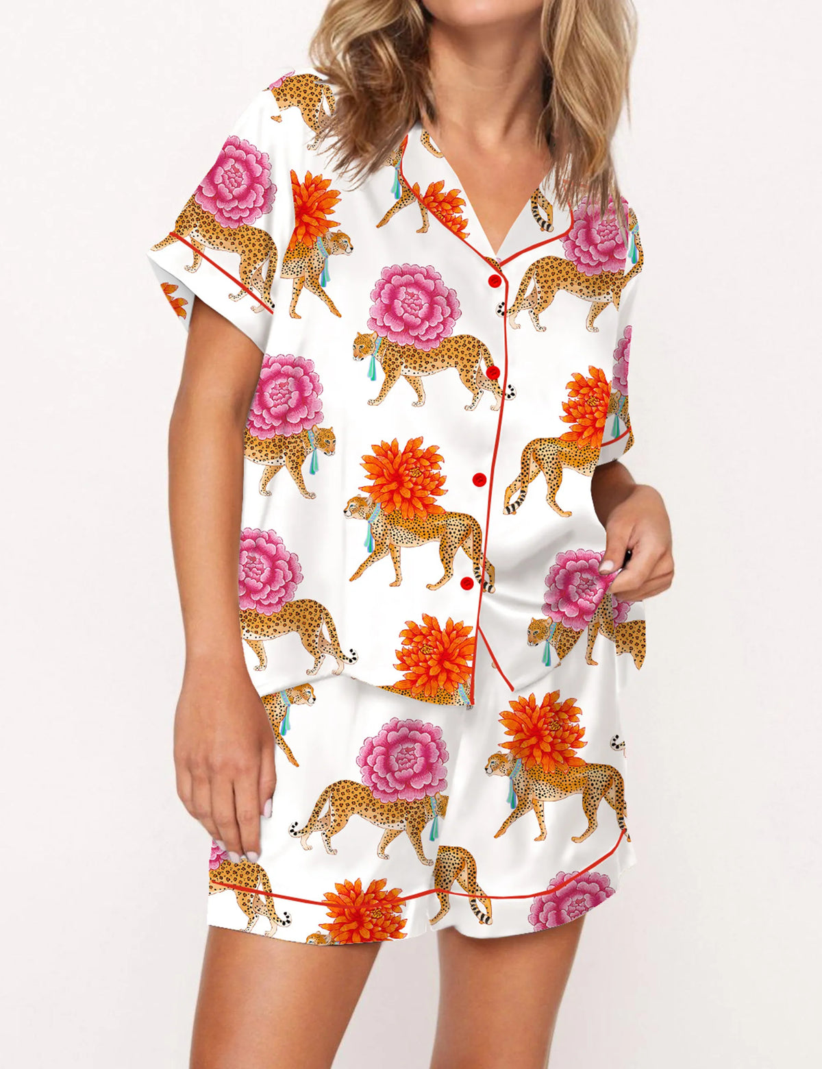 Chinoiserie Cheetah Silky Satin Pajama Set For Women	