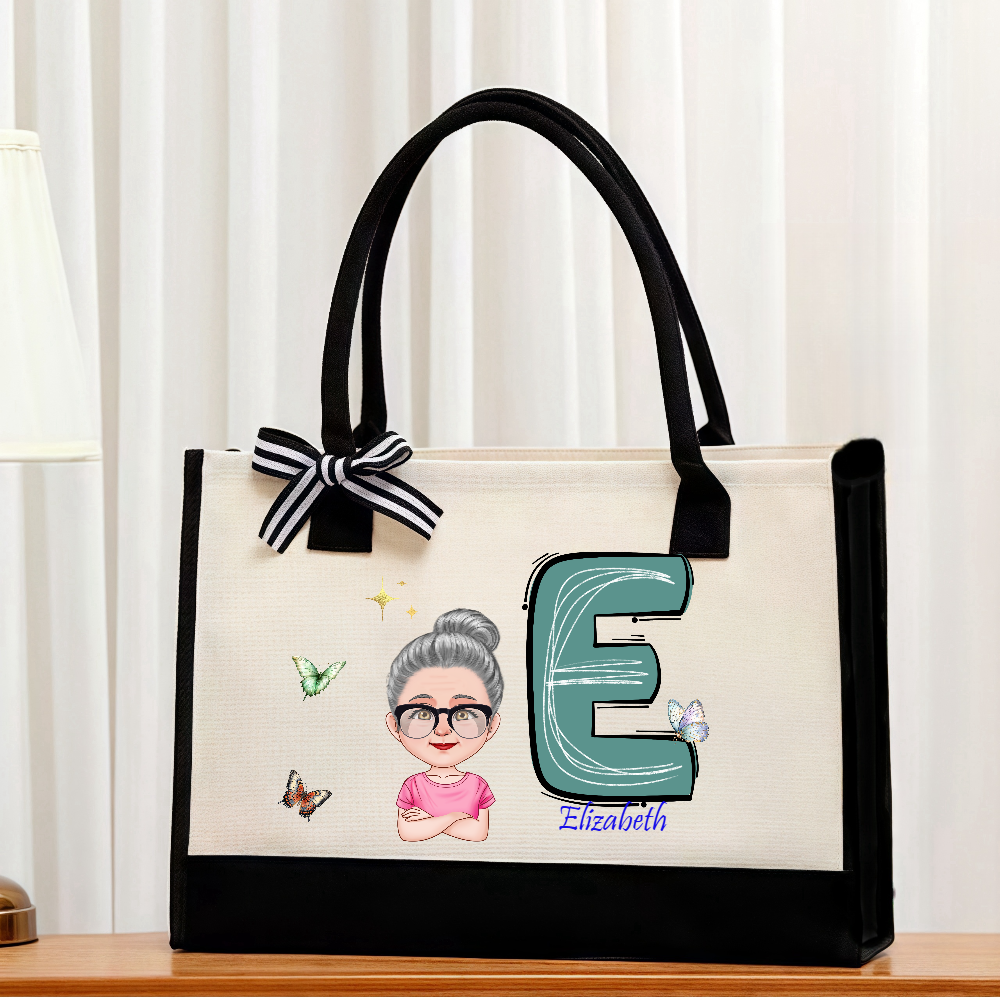 Personalized Cartoon Character Initial Large Canvas Tote Bag with Name Travel Daily Use Birthday Anniversary Gift for Girl Women