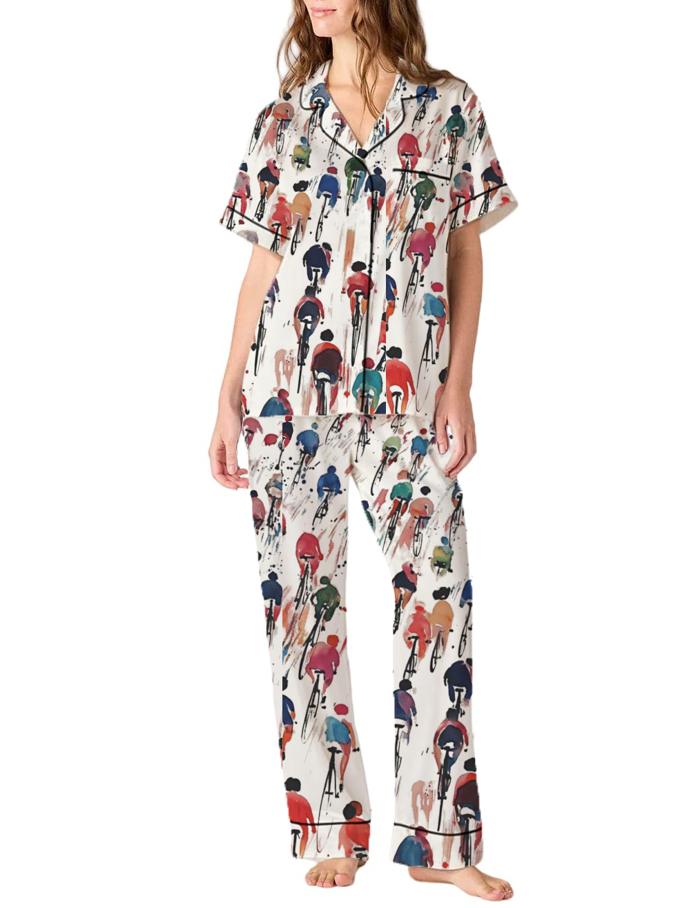 Contrast Color Cyclist Print Silky Satin Pajama Pants Set For Women