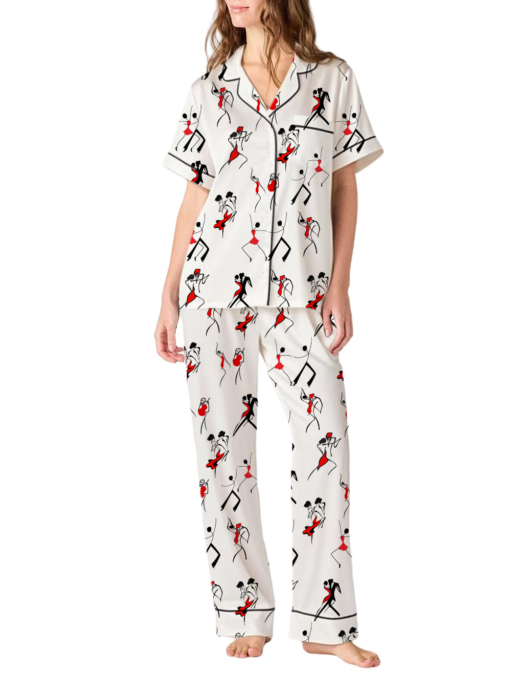 Abstract Duet Dance Pattern Silky Satin Pajama Pants Set For Women