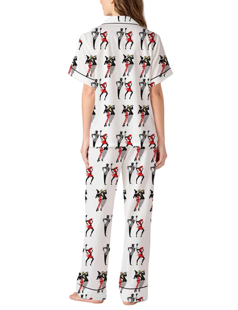 Abstract Duet Dance Pattern Silky Satin Pajama Pants Set For Women