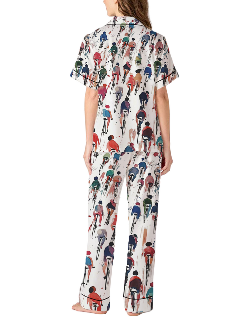 Contrast Color Cyclist Print Silky Satin Pajama Pants Set For Women
