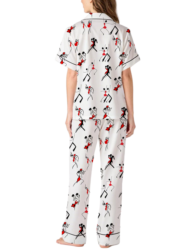 Abstract Duet Dance Pattern Silky Satin Pajama Pants Set For Women
