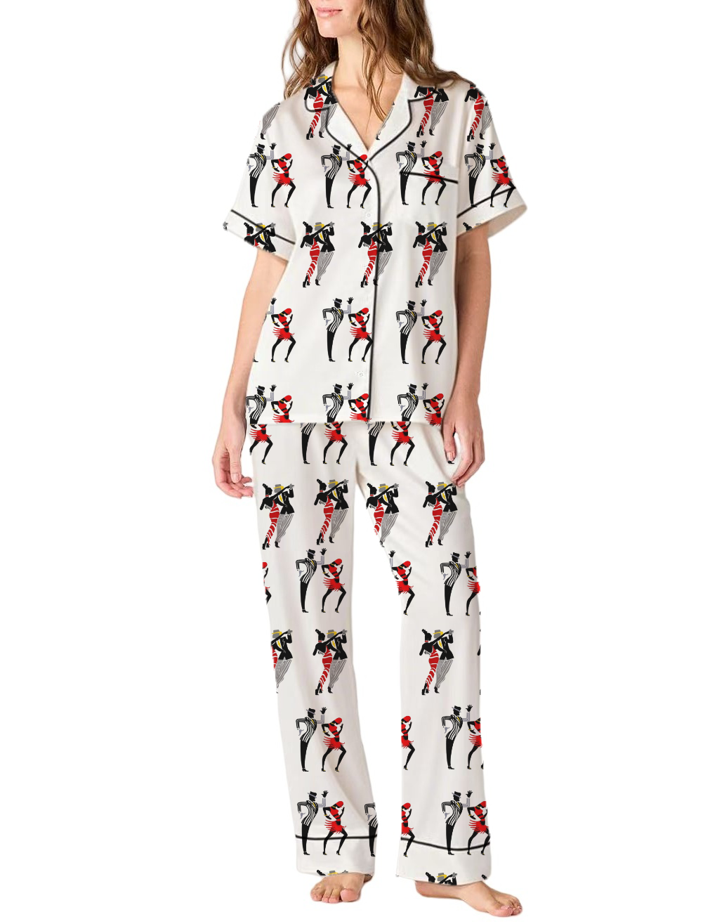 Abstract Duet Dance Pattern Silky Satin Pajama Pants Set For Women