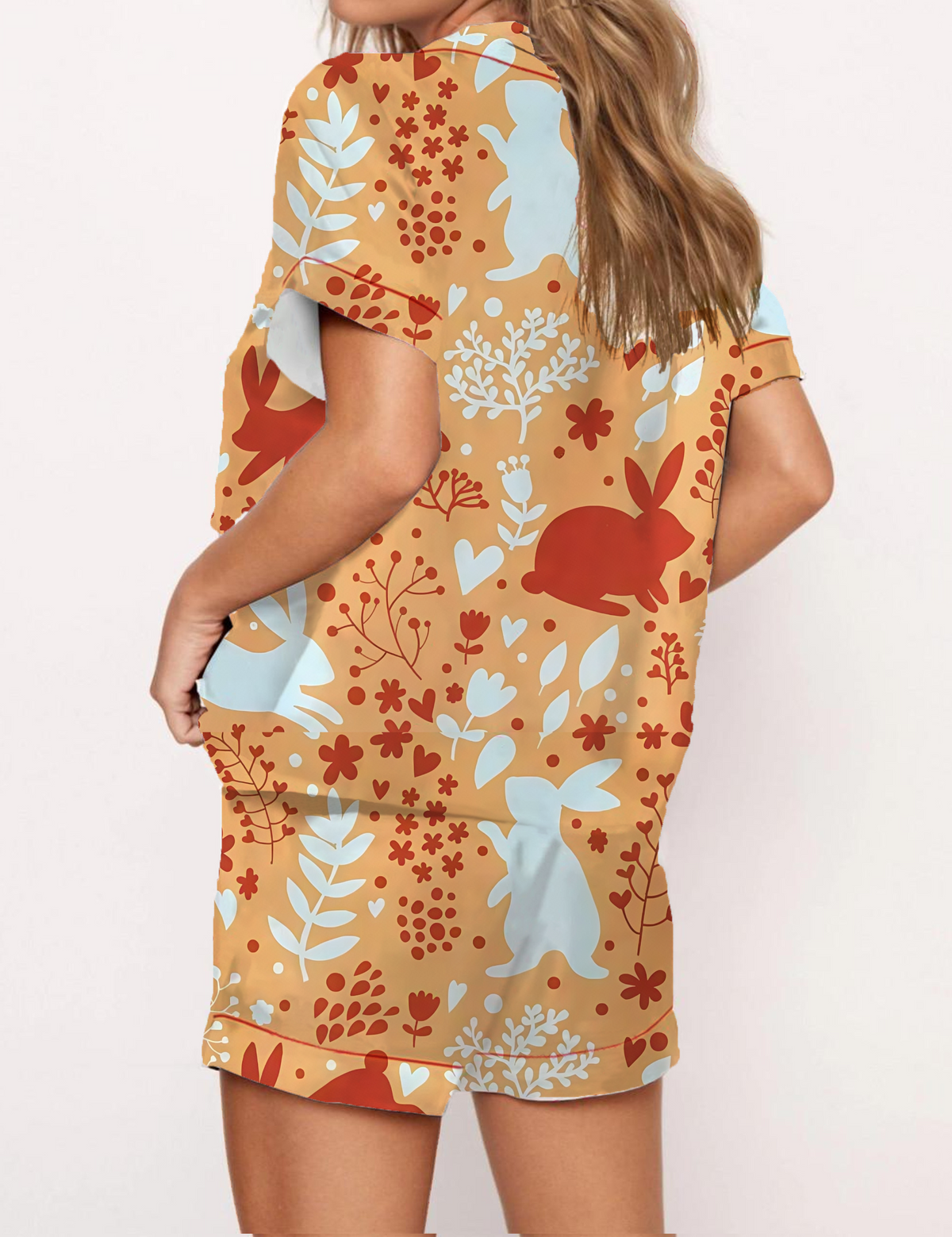 Whimsical Bunny Floral Print Satin Pajama Short Set