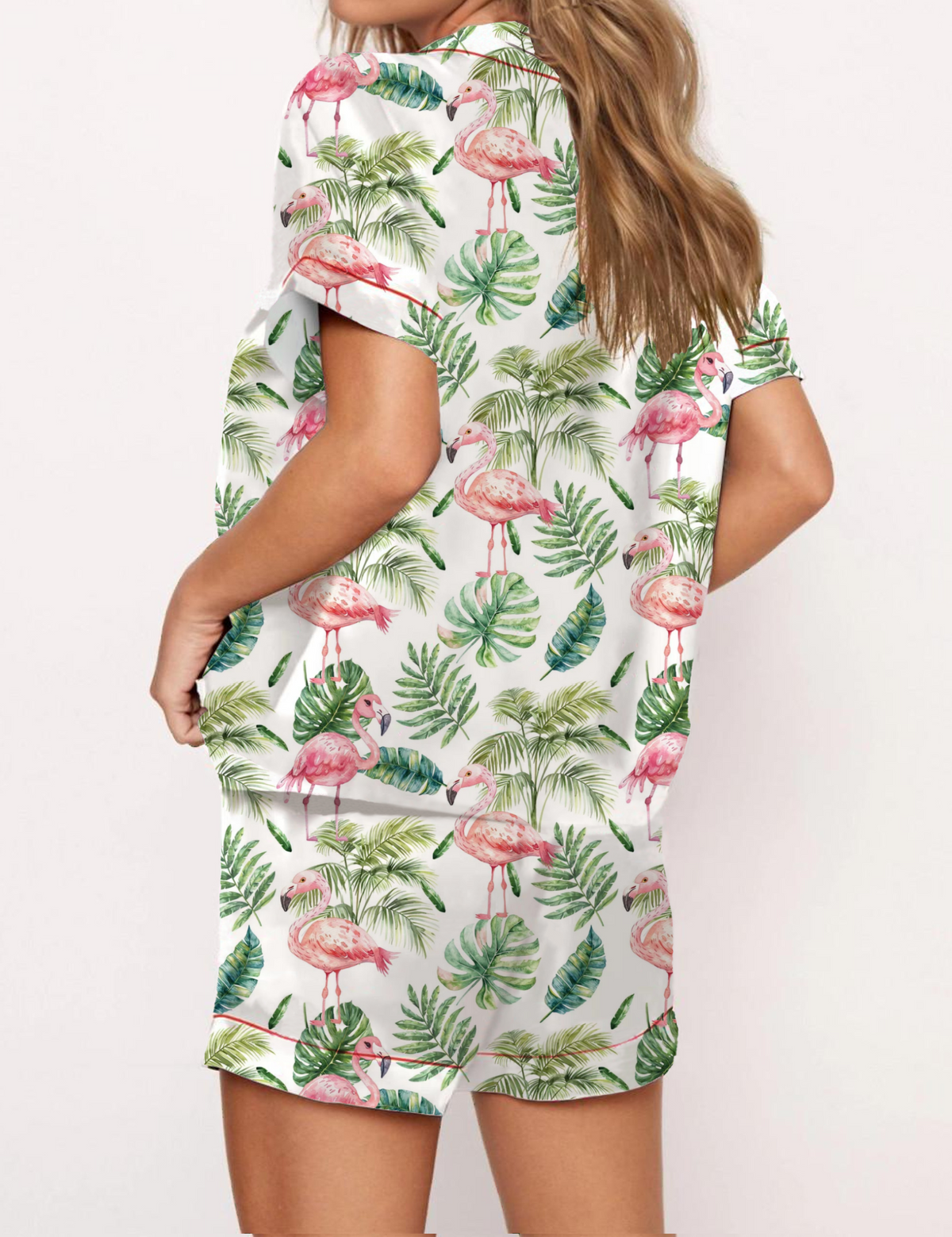 Palm Tree Flamingo Satin Pajama Short Set