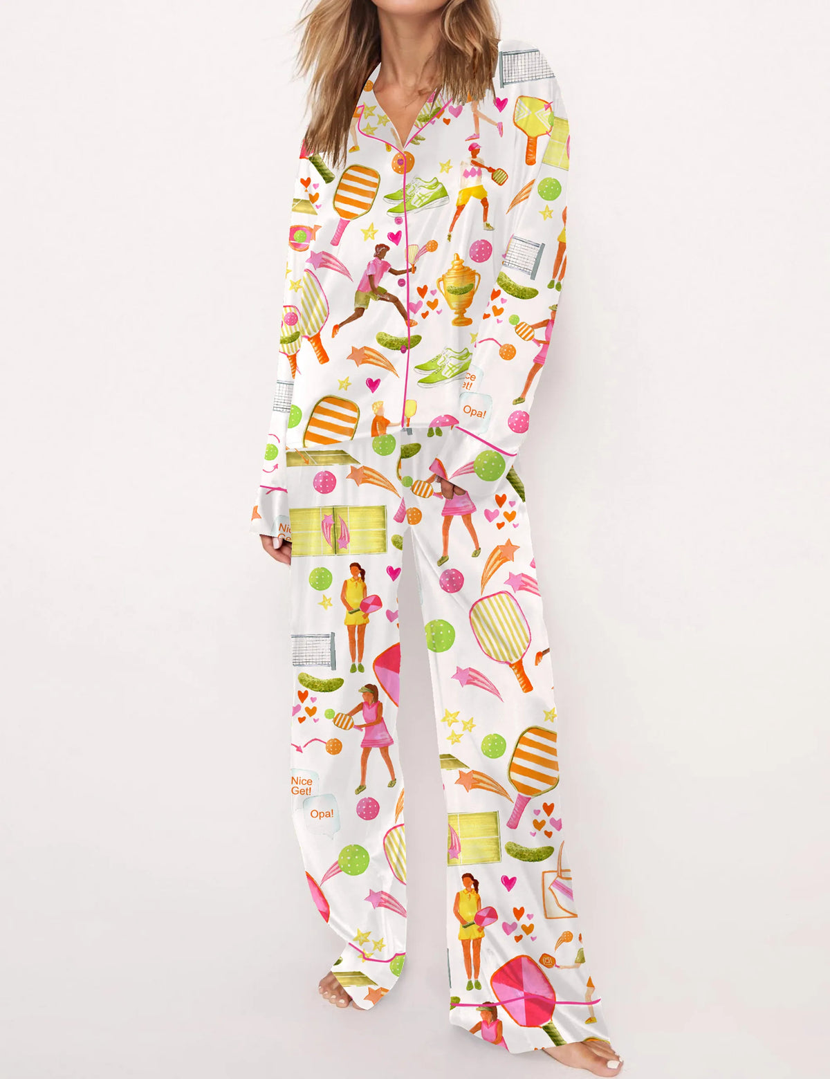 Summer Pickleball Silky Satin Pajama Set For Women	