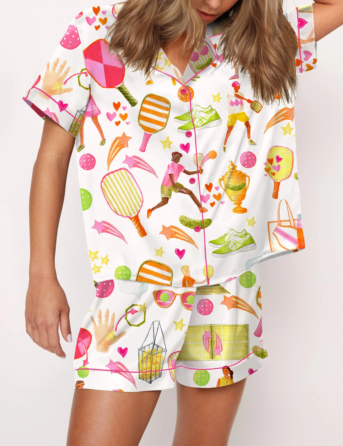 Summer Pickleball Silky Satin Pajama Set For Women	