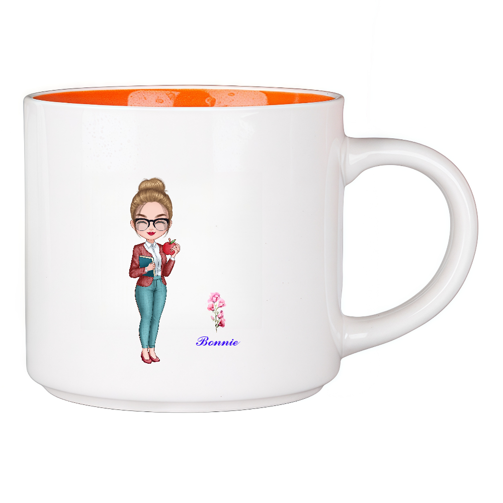 Personalized Teacher Coffee Cup Cartoon Ceramic Mug with Birth Flower and Name Back to School Appreciation Gift for Teacher