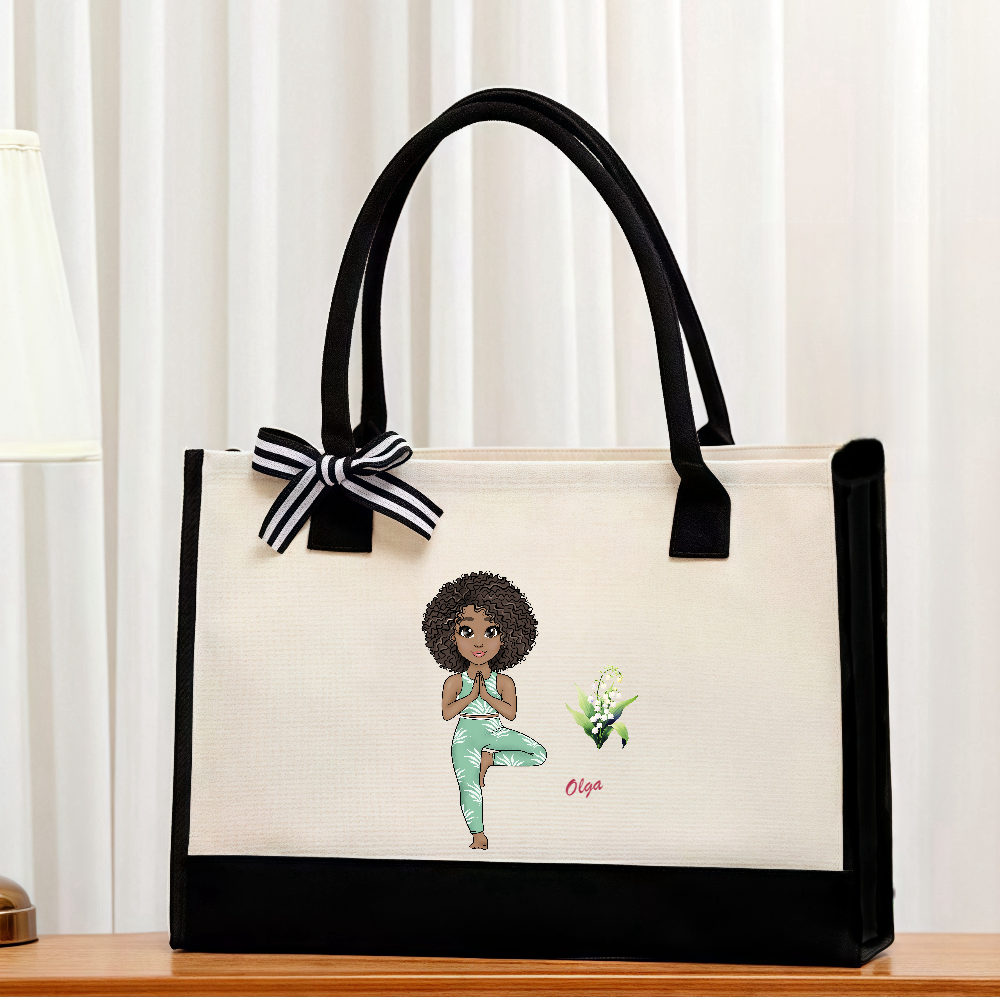 Personalized Birth Flower Bouquet Cartoon Yoga Girl Character Reusable Large Canvas Tote Bag with Name Anniversary Gift for Women Girls