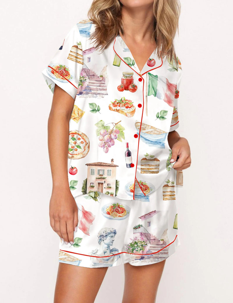 Italy Watercolour Travel Silky Satin Pajama Set For Women	