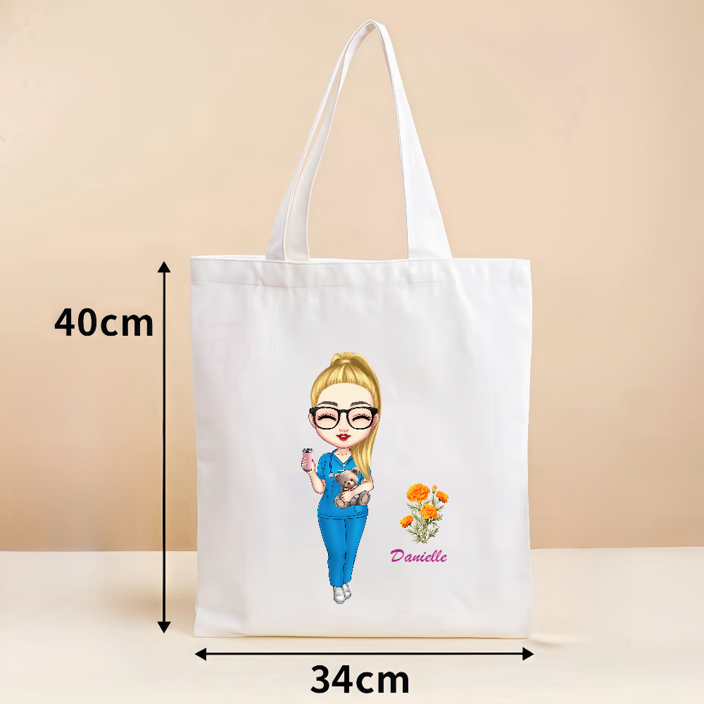 Personalized Cartoon Medical Character Canvas Bag With Birth Flower Birthday Gratitude Gift for Nurse  Doctor Medical Staff