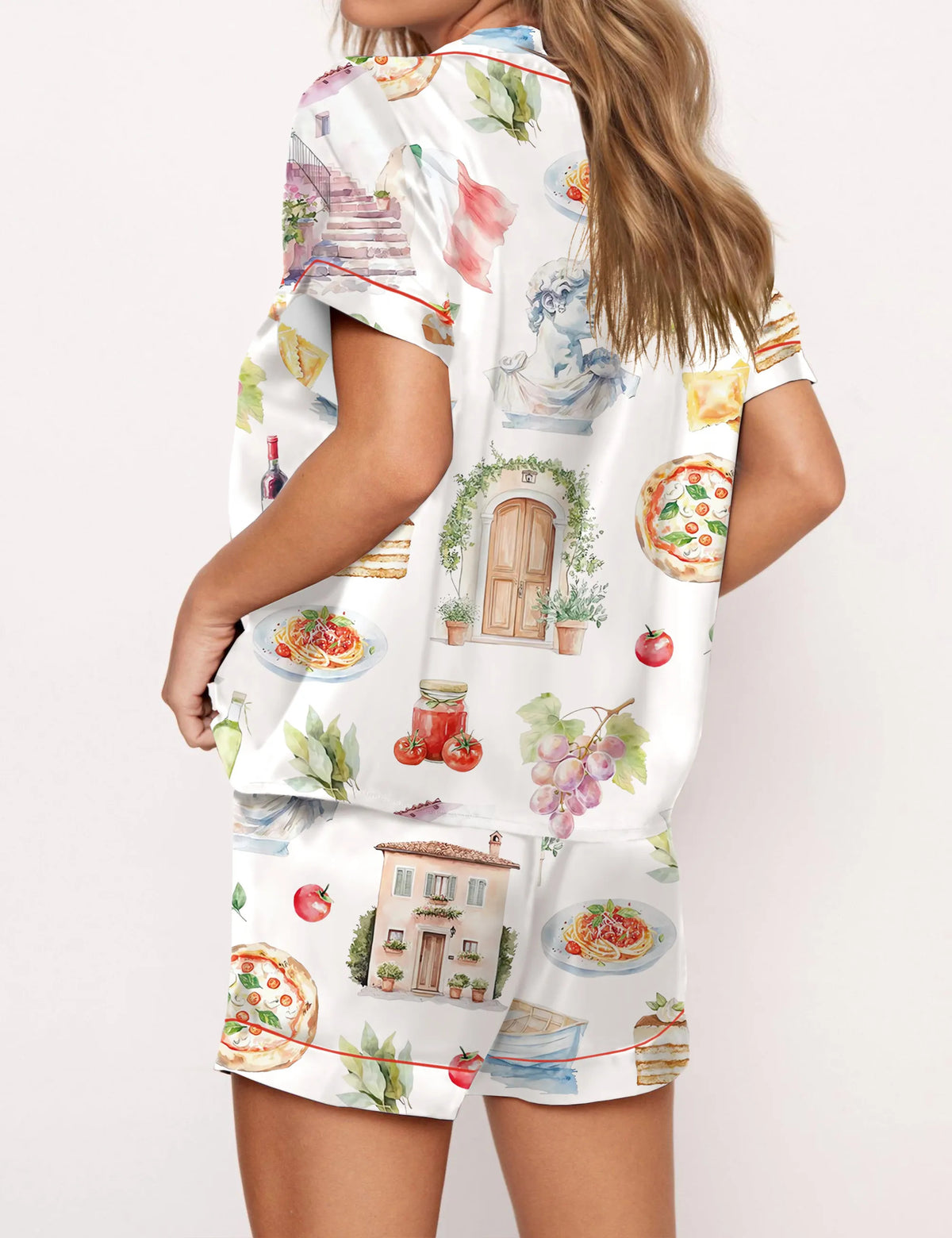 Italy Watercolour Travel Silky Satin Pajama Set For Women	
