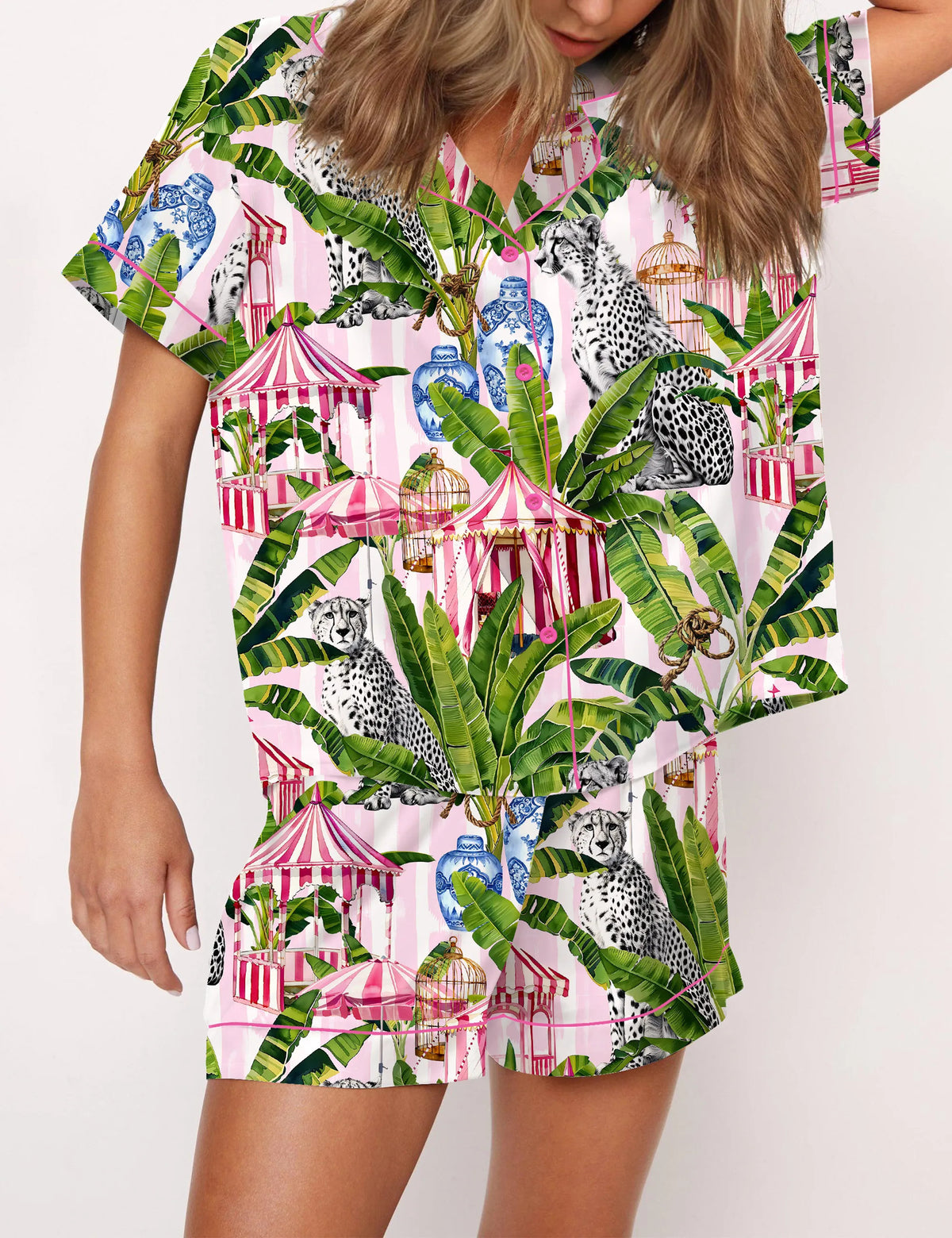 Jungle With Cheetahs Striped Satin Pajama Set For Women	