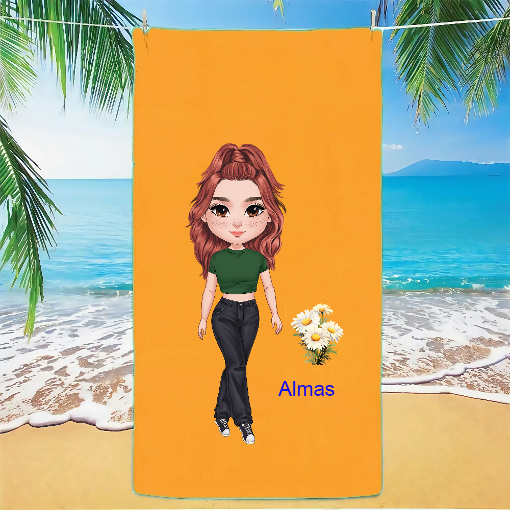 Personalized Multicolor Birth Flower Cartoon Women Girl Soft Quick Dry Beach Towel with Name Vacation Beach Accessories Gift for Friend