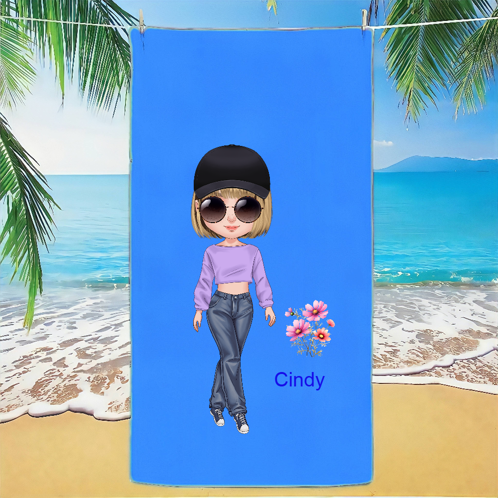 Personalized Multicolor Birth Flower Cartoon Women Girl Soft Quick Dry Beach Towel with Name Vacation Beach Accessories Gift for Friend