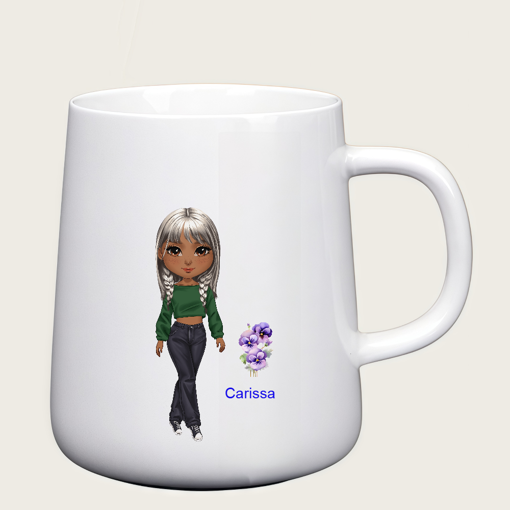 Personalized Cartoon Chibi Girl Coffee Cup Cartoon Ceramic Mug With Birth Flower and Name Birthday Gift for Women