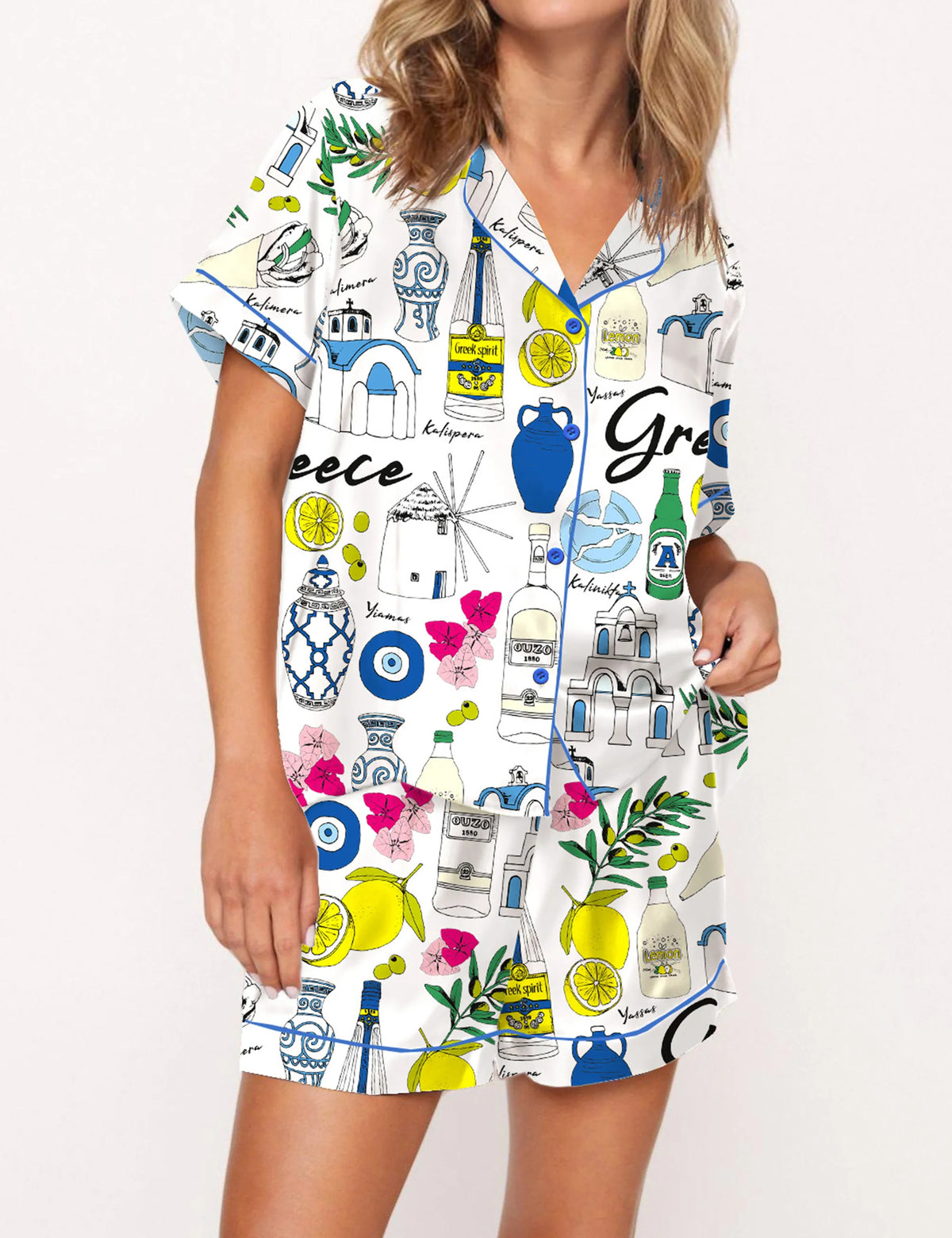 Greece Travel Satin Pajama Set For Women	