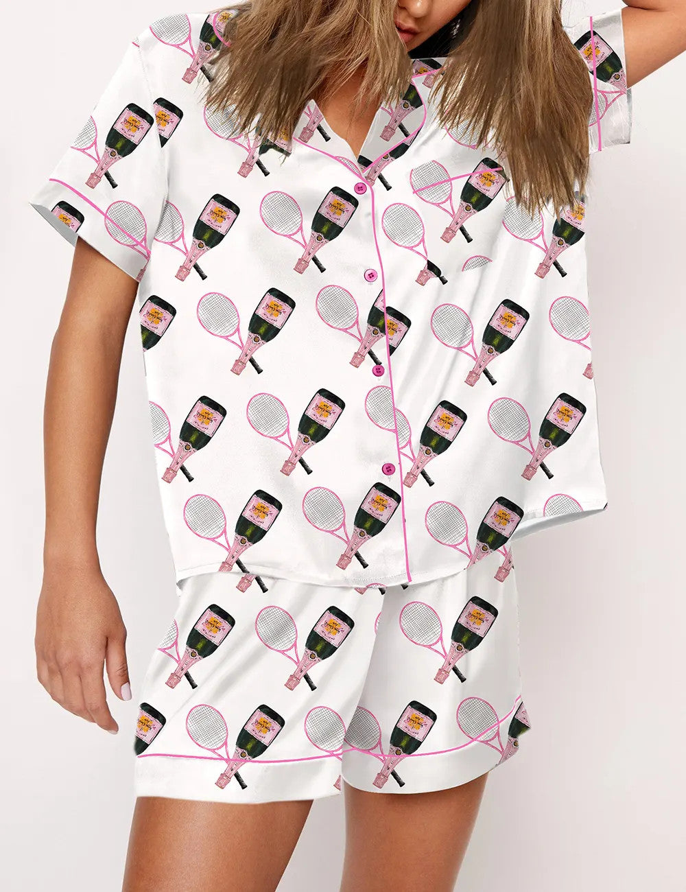 Tennis Racquet And Bottles Satin Pajama Set For Women	