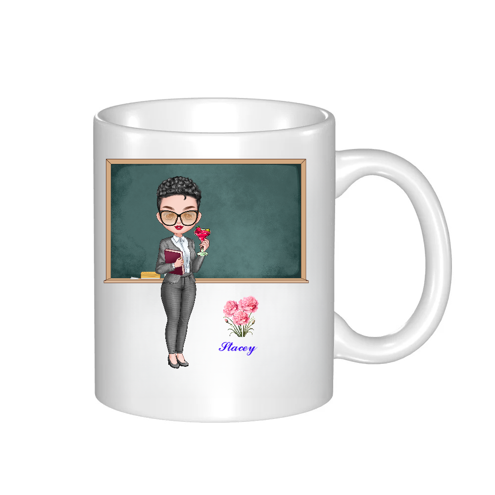 Personalized Teacher Coffee Cup Cartoon Ceramic Mug with Birth Flower and Name Back to School Appreciation Gift for Teacher