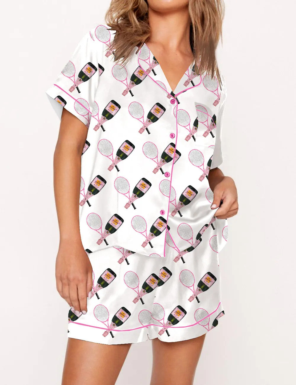 Tennis Racquet And Bottles Satin Pajama Set For Women	