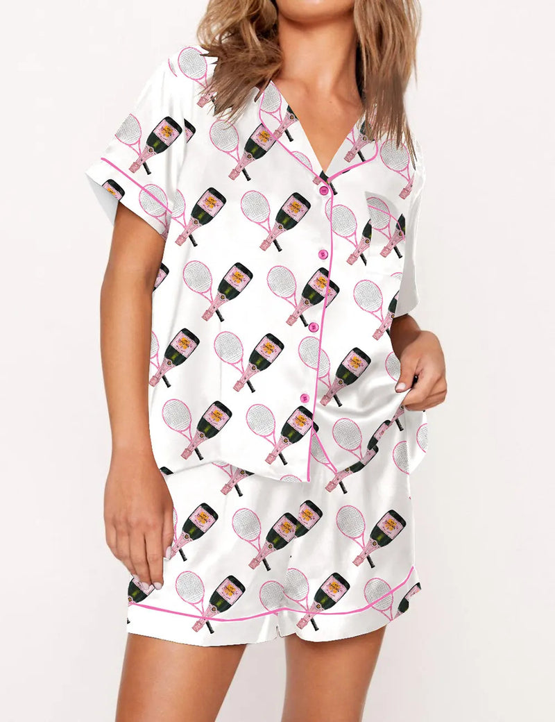 Tennis Racquet And Bottles Satin Pajama Set For Women	