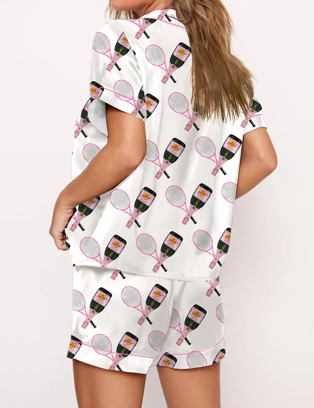Tennis Racquet And Bottles Satin Pajama Set For Women	