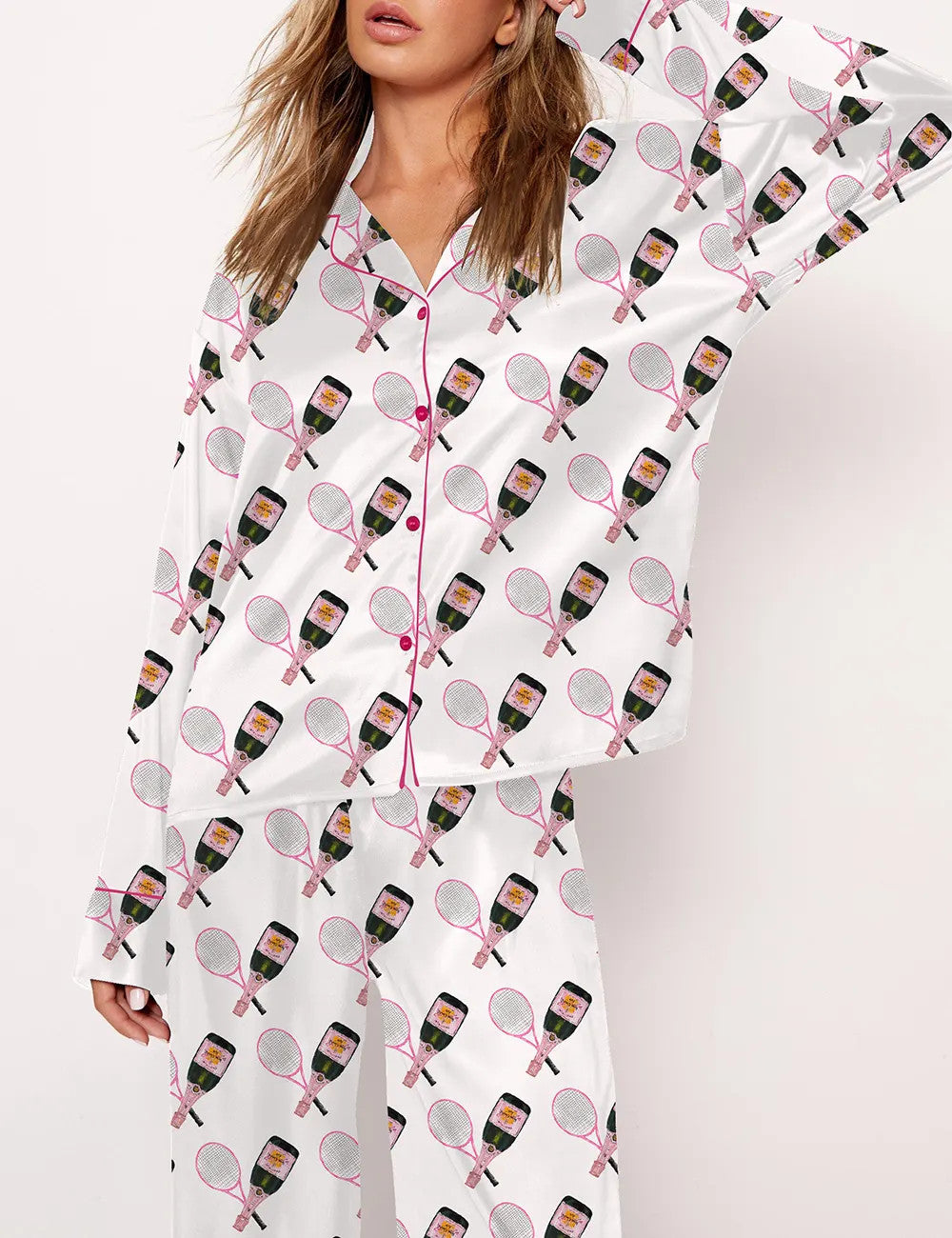 Tennis Racquet And Bottles Satin Pajama Set For Women	