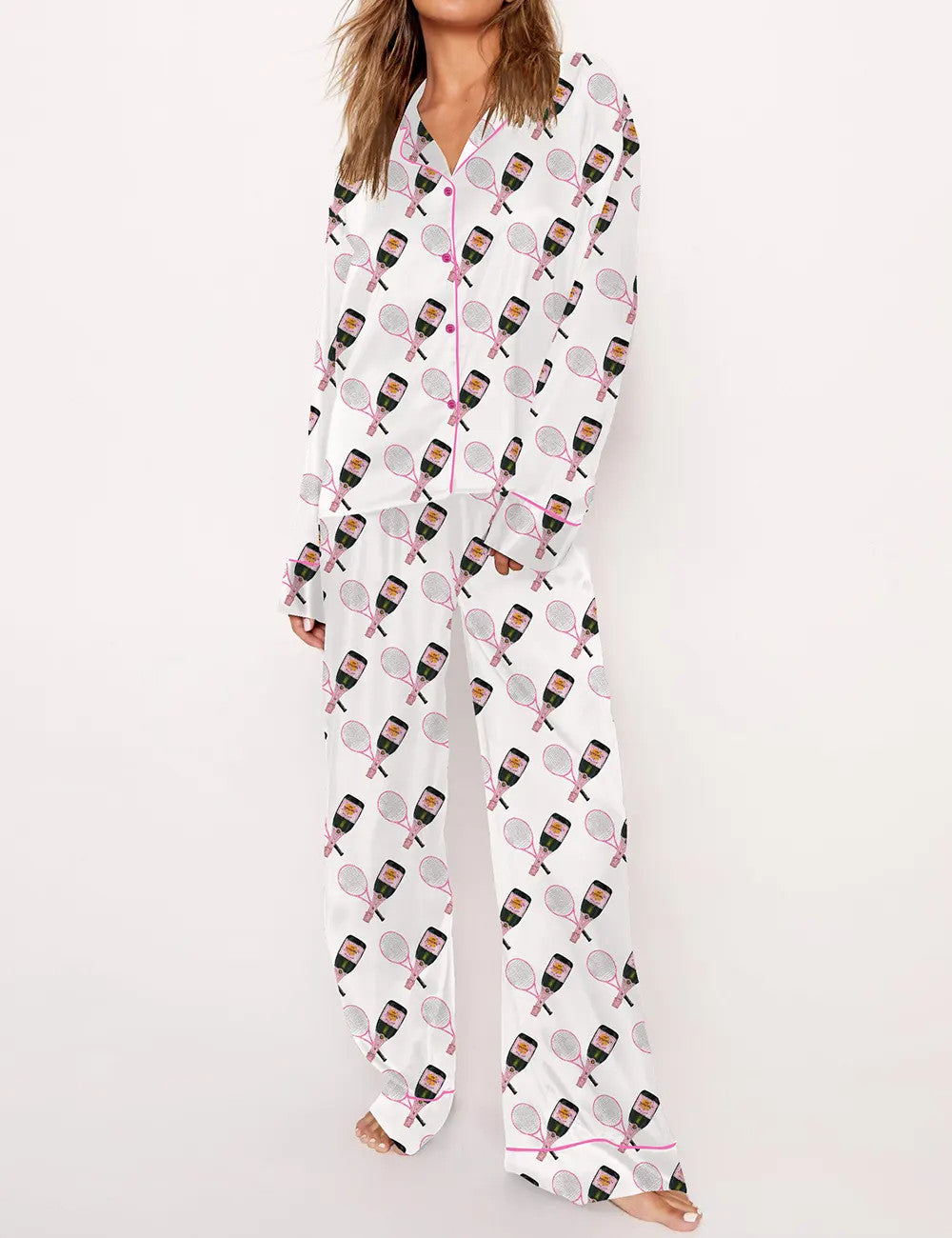 Tennis Racquet And Bottles Satin Pajama Set For Women	