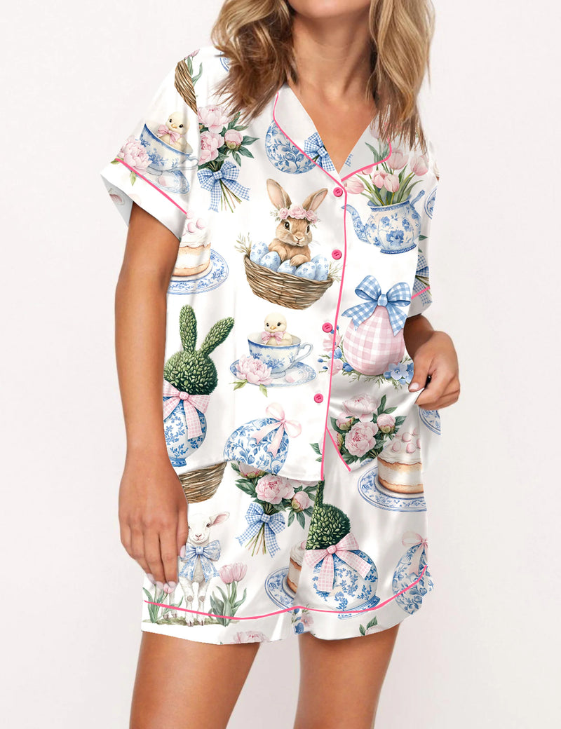 Coquette Chinoiserie Easter Satin Pajama Set For Women	