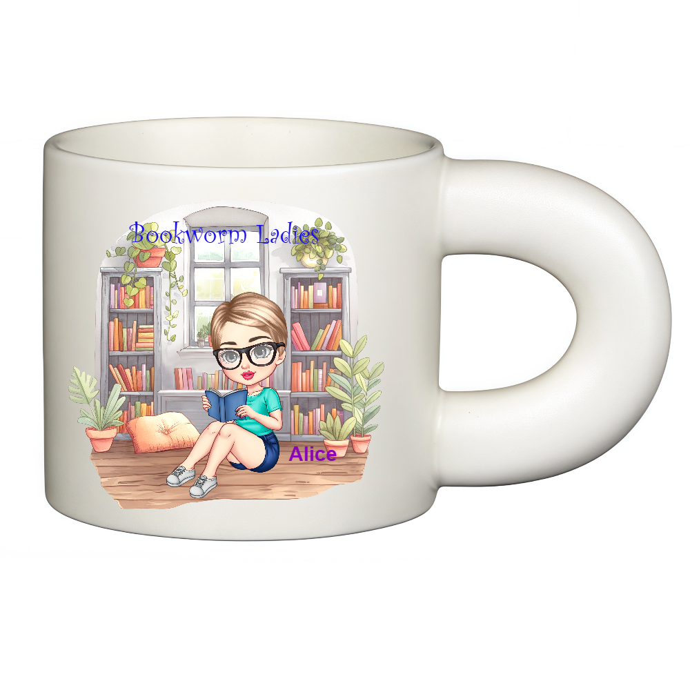 Personalized Bookworm Ladies Coffee Cup Cartoon Ceramic Mug With Chubby Big Ear Cup Name Birthday Gift for Family Friend