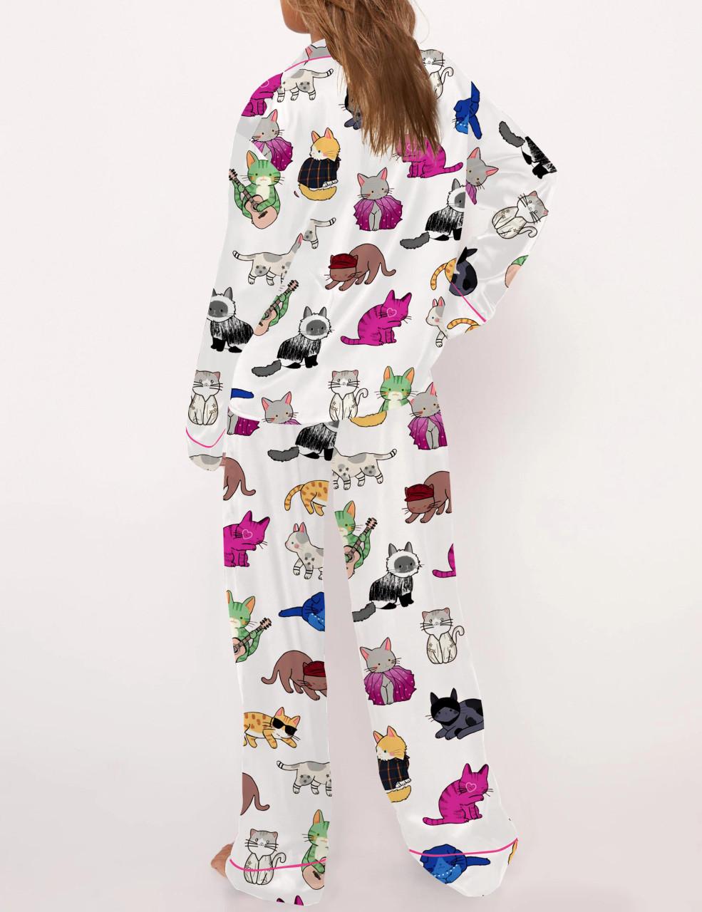 Cat Lovers Satin Pajama Set For Women	