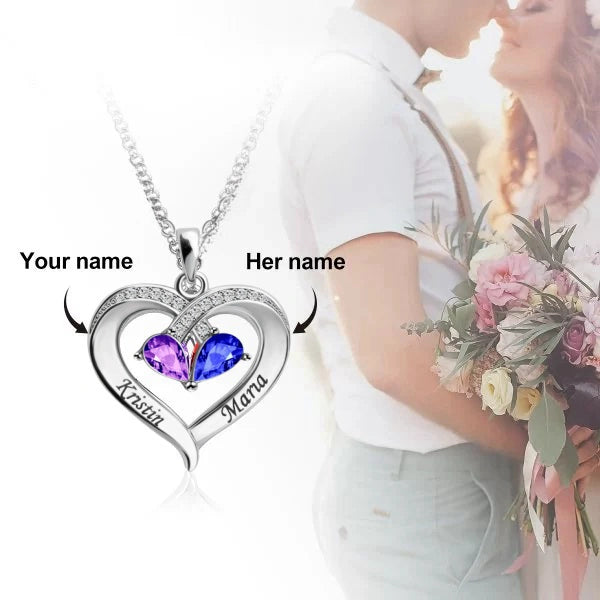 Personalized Forever Together Heart Pendant Necklace with Double Birthstones and Engraved Names Valentine's Day Gift for Women