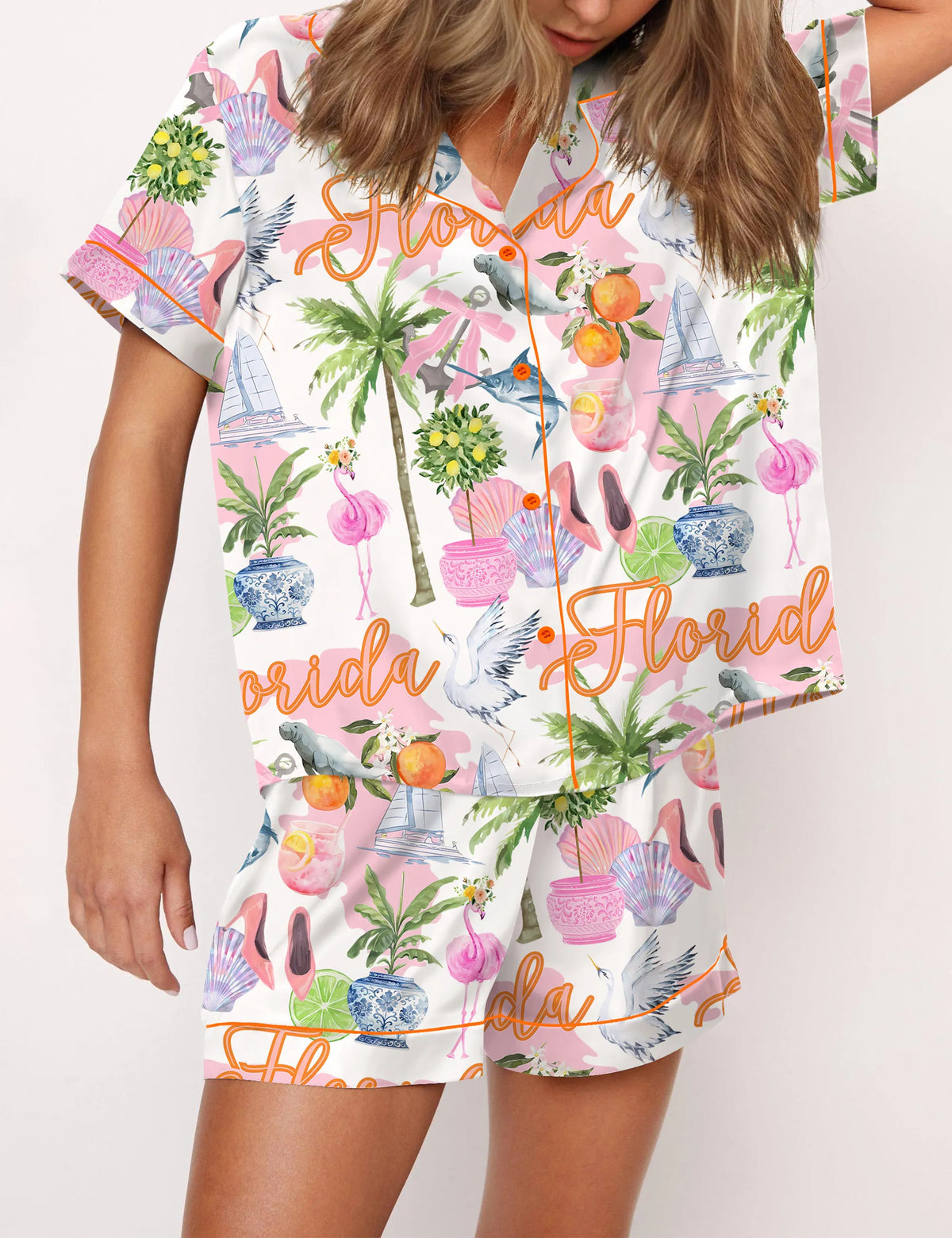 Florida Preppy Silky Satin Pajama Set For Women	