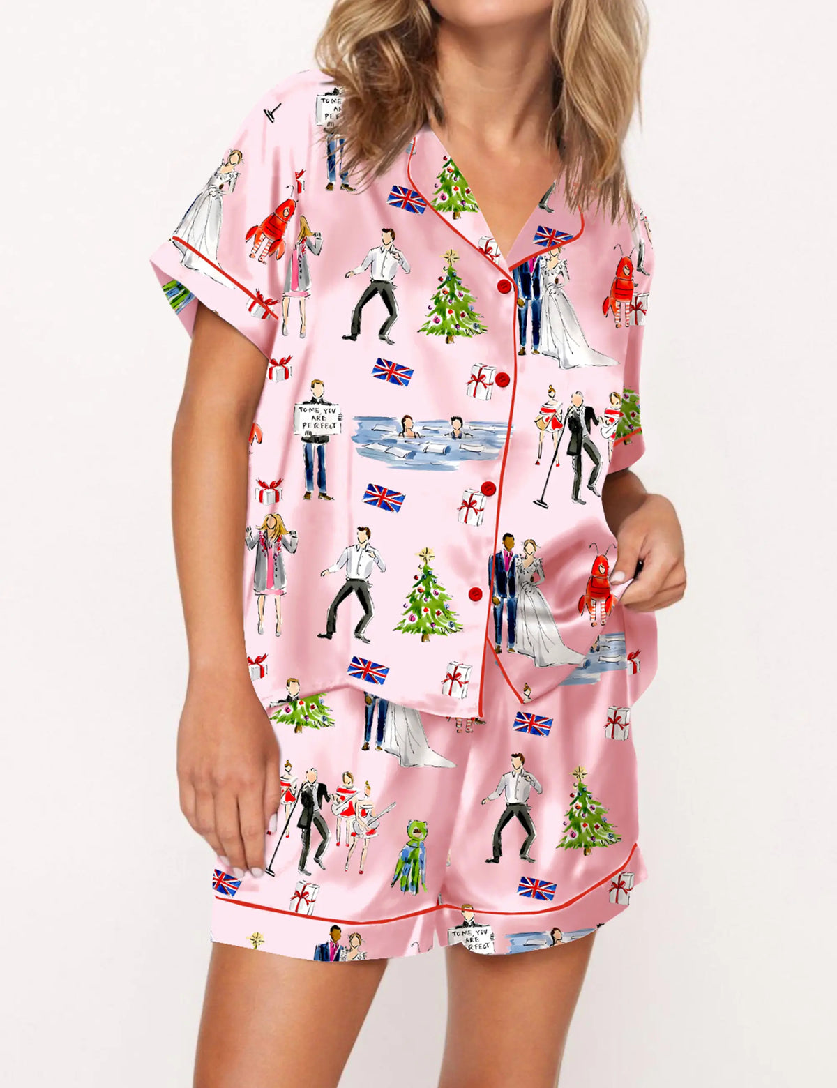Love Actually Christmas Silky Satin Pajama Set For Women	