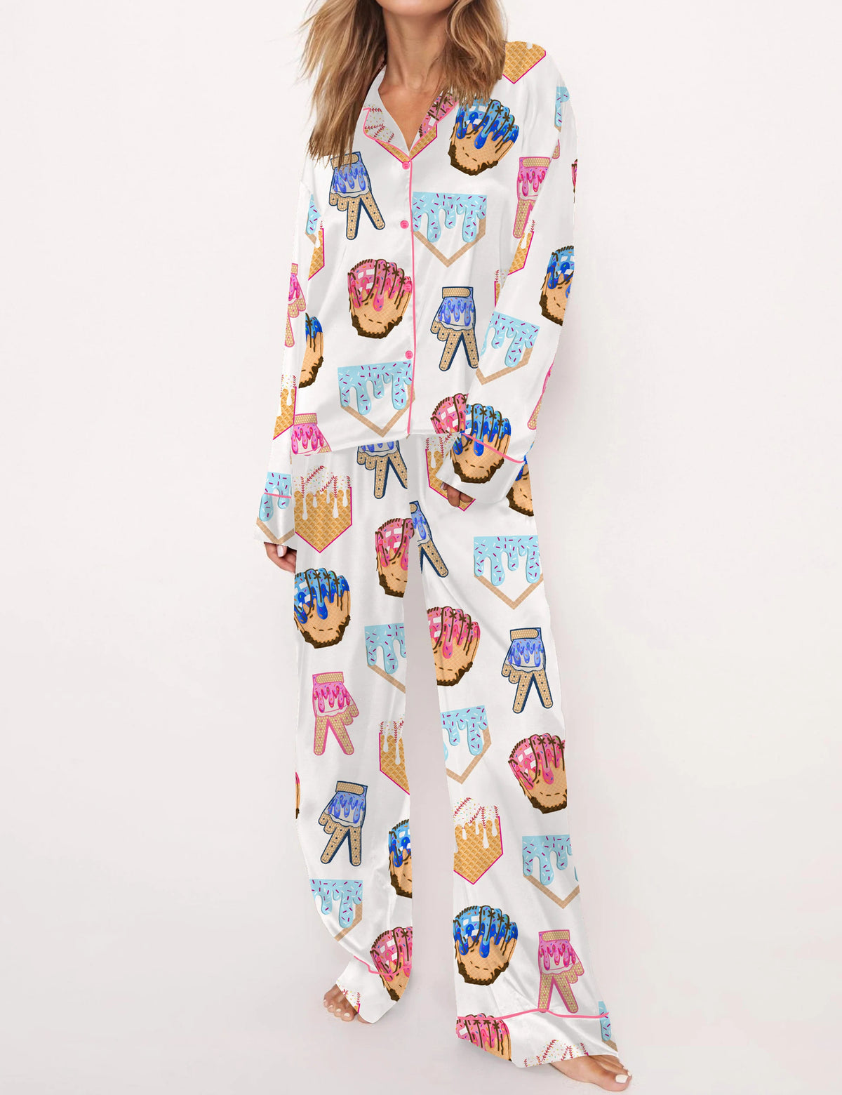 Ice Cream Baseball Satin Pajama Set For Women	