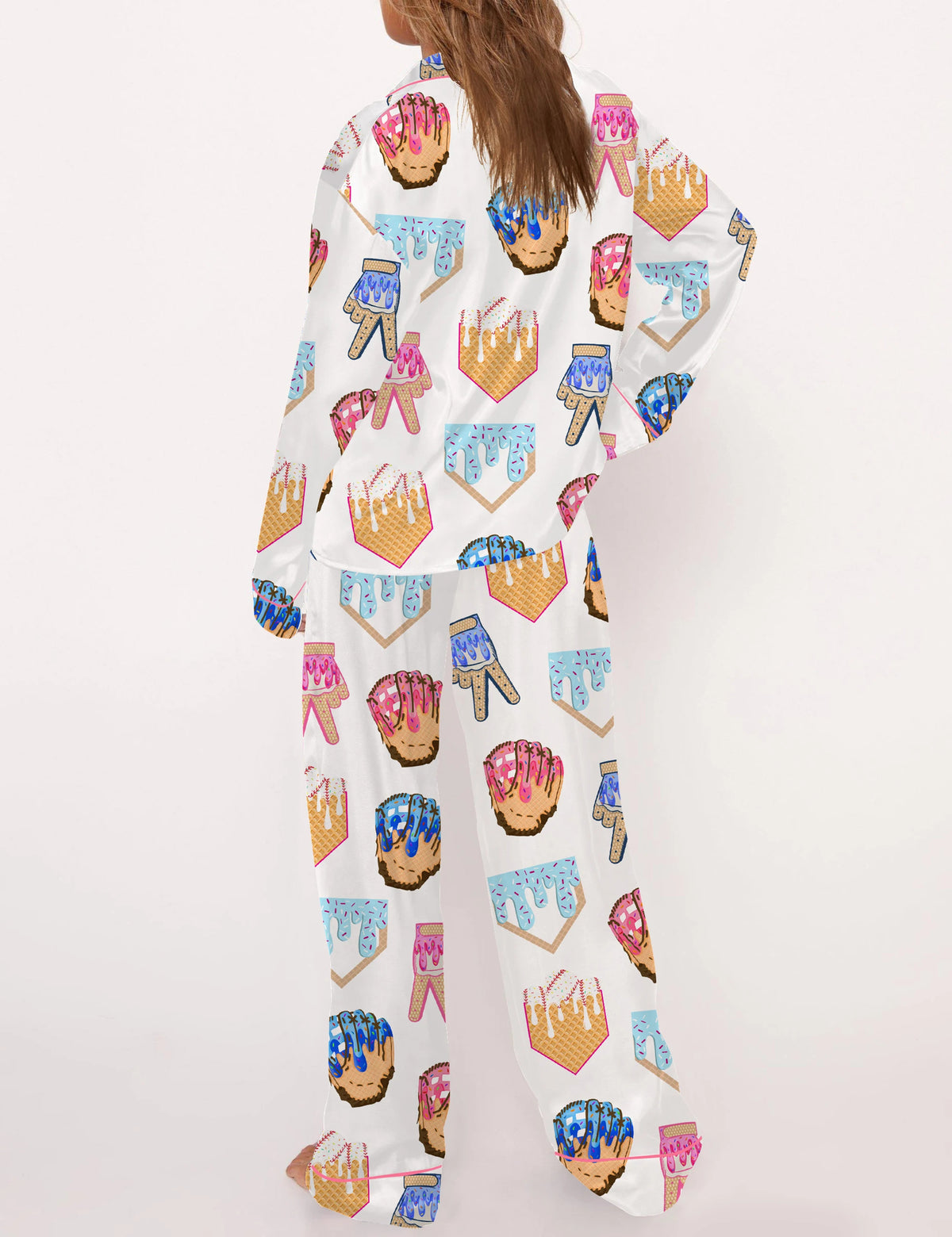 Ice Cream Baseball Satin Pajama Set For Women	