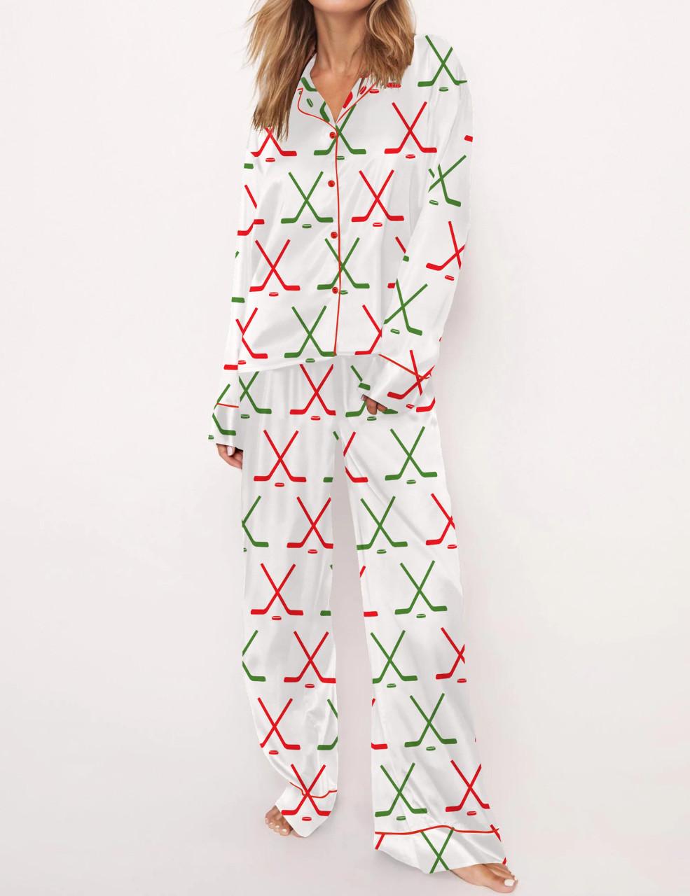 Christmas Ice Hockey Satin Pajama Set For Women	
