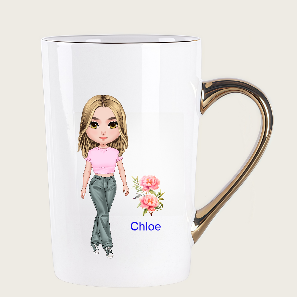 Personalized Cartoon Chibi Girl Coffee Cup Cartoon Ceramic Mug With Birth Flower and Name Birthday Gift for Women