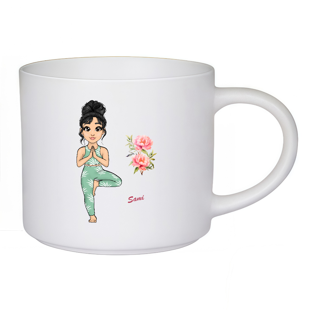 Personalized Cartoon Sports Yoga Fitness Girl Coffee Cup Cartoon Ceramic Mug With Birth Flower and Name Birthday Gift for Women