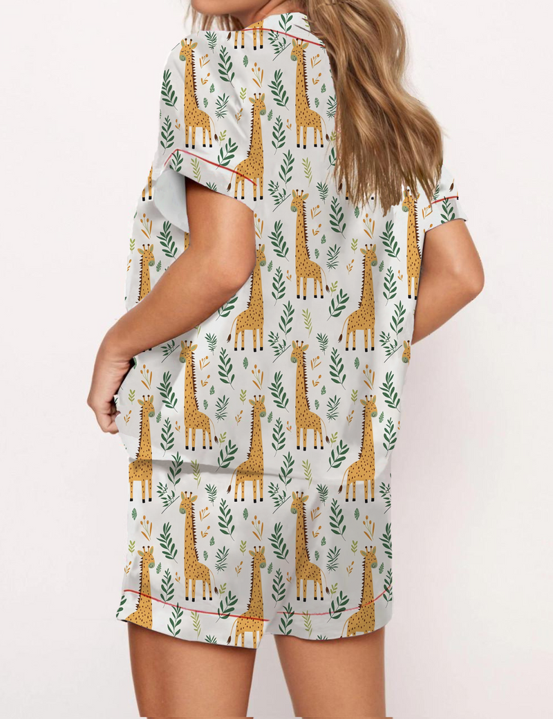 Giraffes Green Leaves Print Satin Pajama Short Set